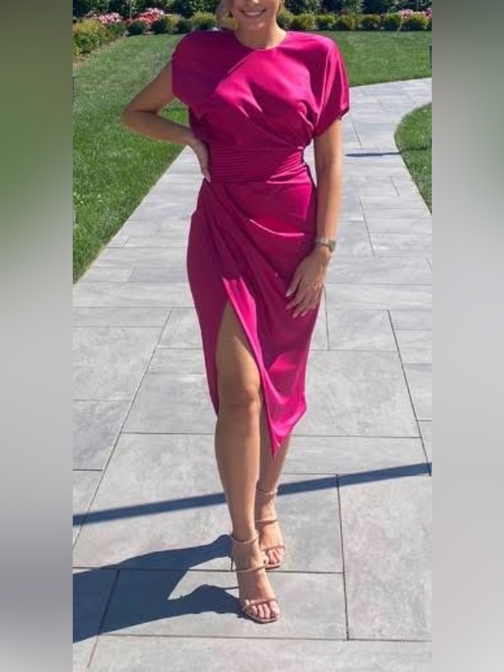 Zhivago Fuchsia Draped Midi Dress with Thigh Slit